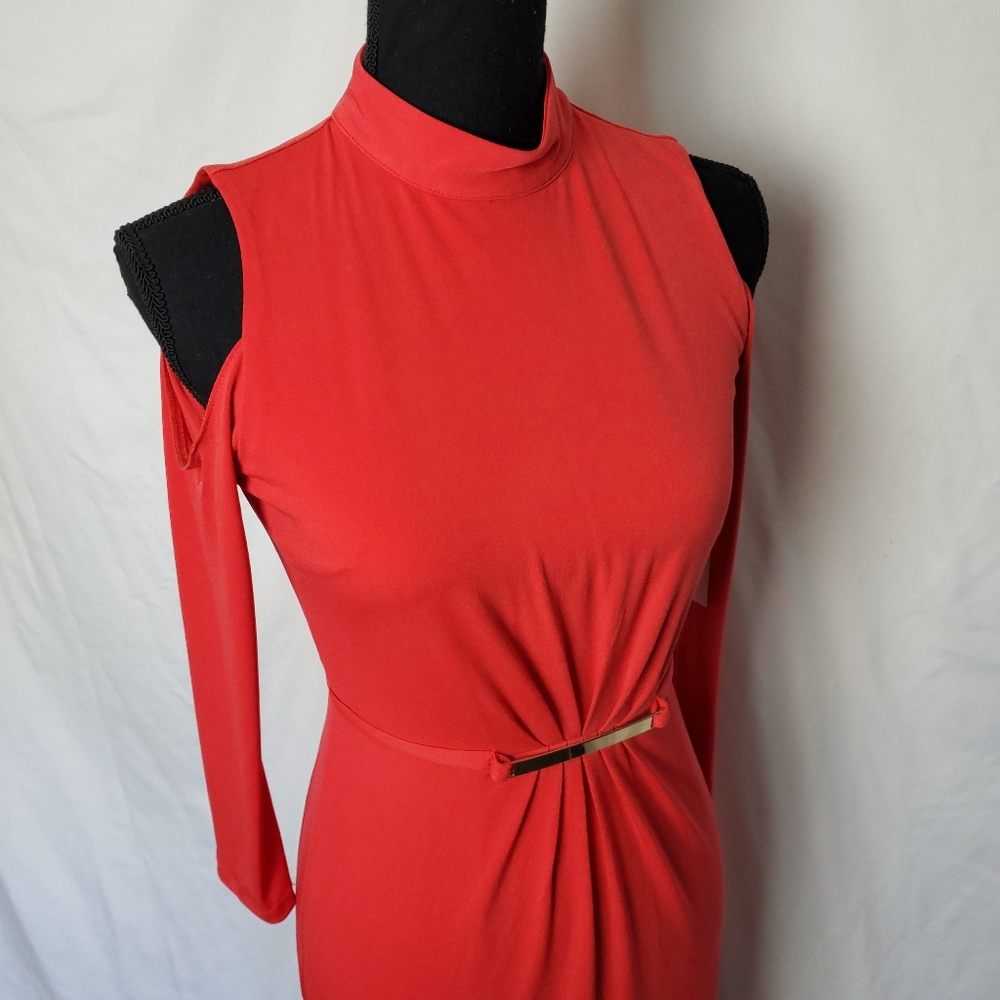 Jessica Simpson Cold Shoulder Coral Mock Neck Attached Belt Sheath Dress Size 2 - Picture 6 of 16